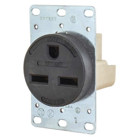 Straight Blade Receptacle, 6-30R, 30 A, 250V AC, 2 Pole, 3 Wire, Flush Mount, Grounded MPN:9630FR