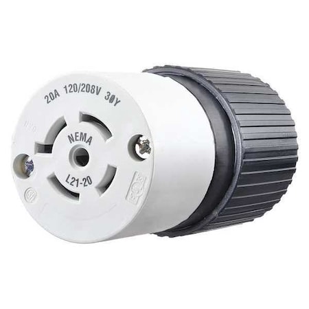 Locking Connector, L21-20R, 20 A, 120/208V AC, Three Phase, 4 Pole, Screw Terminals, Black, White MPN:BRY72120NC