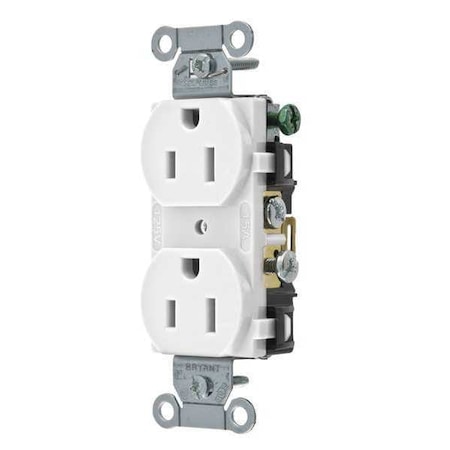 Straight Blade Receptacle, 5-15R, 15 A, 125V AC, 2 Pole, 3 Wire, Flush Mount, Grounded MPN:BRYCBR15W