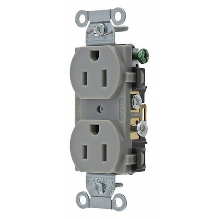 Straight Blade Receptacle, 5-15R, 15 A, 125V AC, 2 Pole, 3 Wire, Flush Mount, Grounded MPN:CRS15GRY