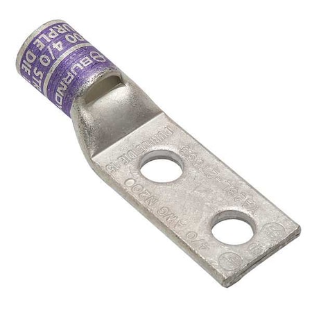 Two-Hole Compression Lug, 4/0 AWG Max, 3/8 in Stud, Standard Barrel, Copper, Purple MPN:YA28L2TC38