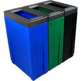 Busch Systems Evolve Triple Recycling & Trash Can Cans & Bottles/Paper 69 Gallon Blue/Green/Black 101286