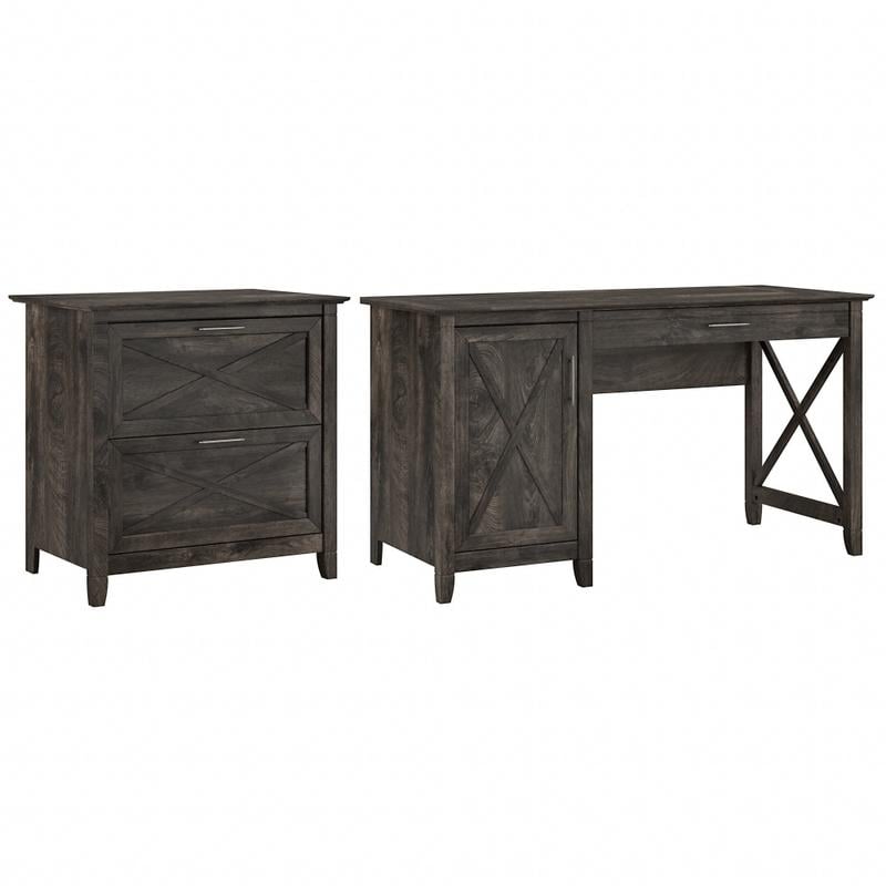 Bush Furniture Key West 54inW Computer Desk With Storage And 2-Drawer Lateral File Cabinet, Dark Gray Hickory, Standard Delivery MPN:KWS008GH