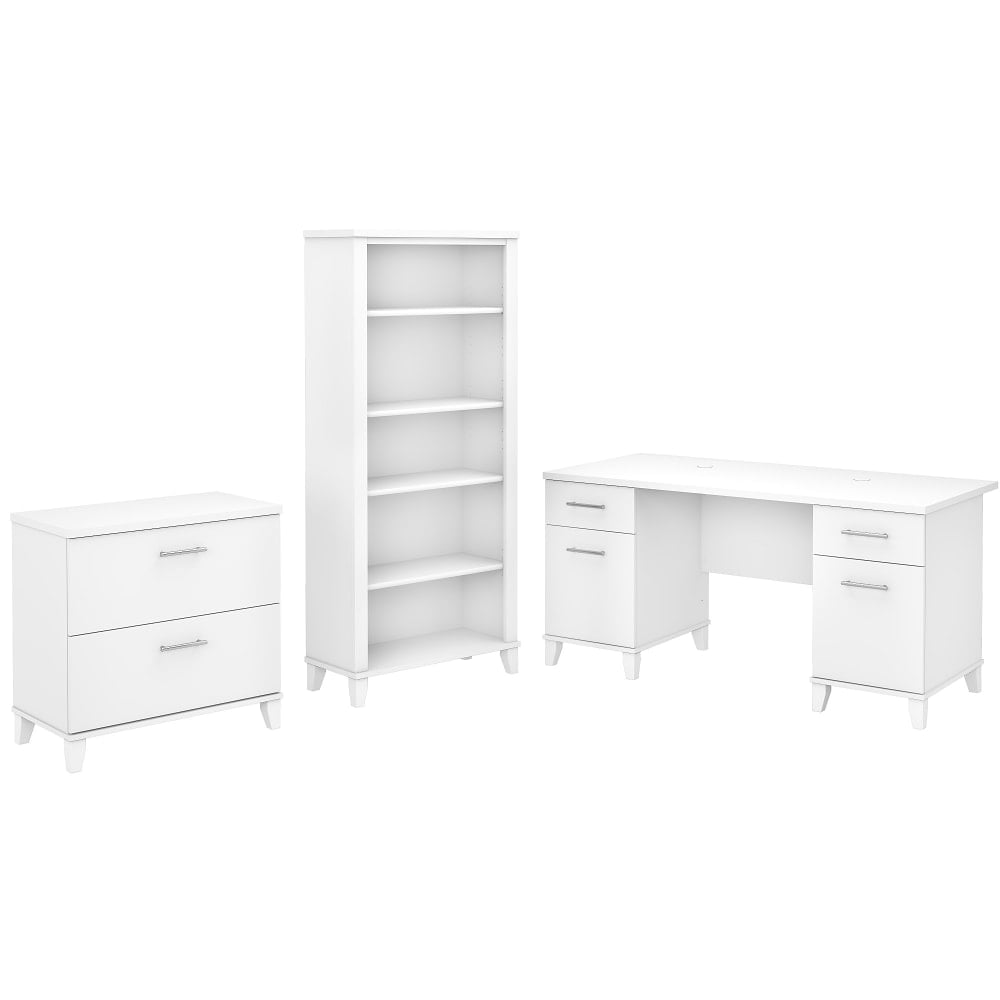 Bush Furniture 60inW Office Computer Desk With Lateral File Cabinet And 5-Shelf Bookcase, White, Standard Delivery MPN:SET013WH