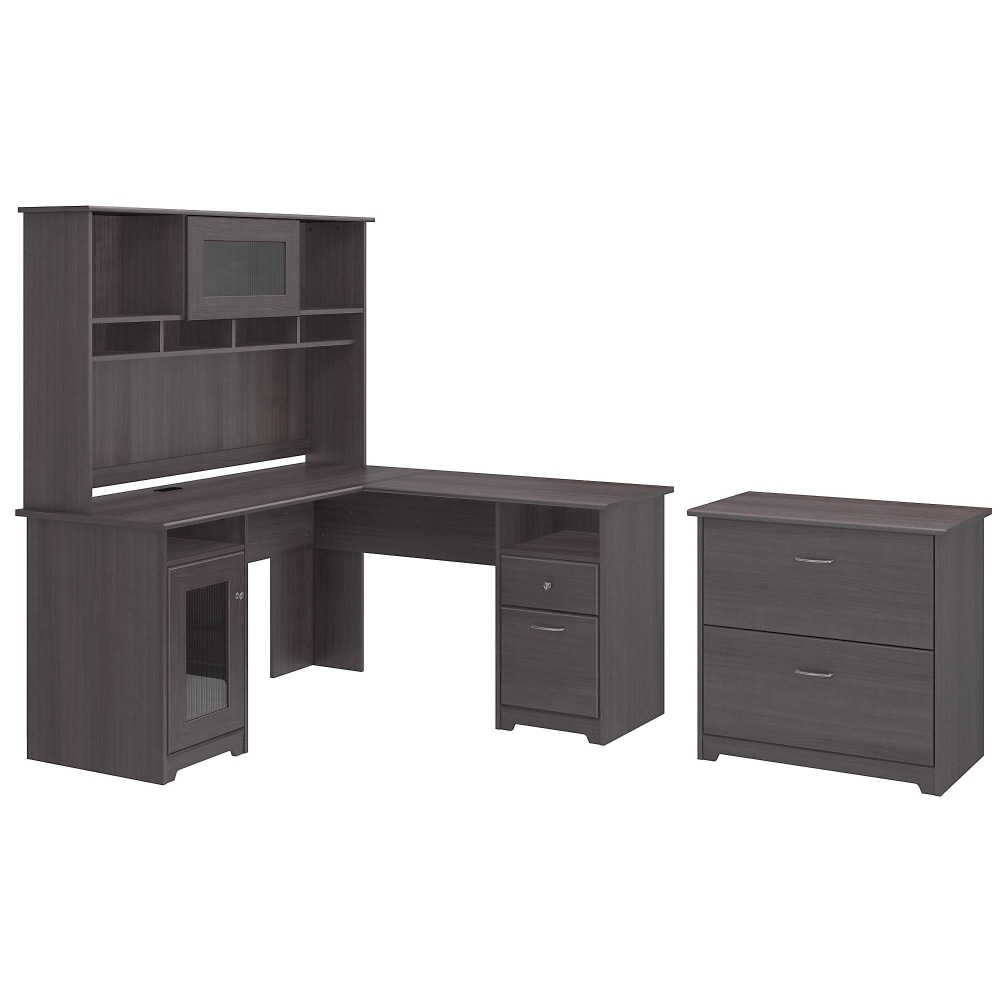 Bush Business Furniture Cabot 60inW L-Shaped Corner Desk With Hutch And Lateral File Cabinet, Heather Gray, Standard Delivery MPN:CAB005HRG