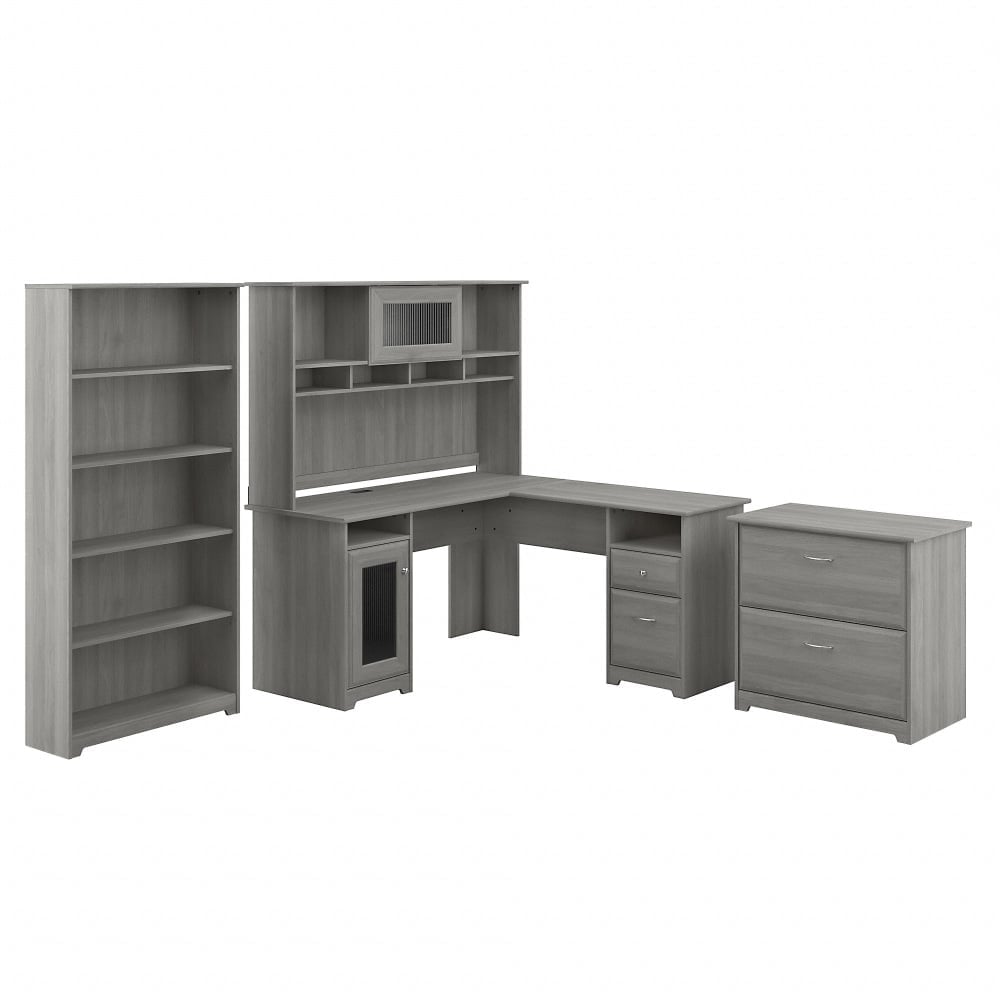 Bush Business Furniture Cabot 60inW L-Shaped Corner Desk With Hutch, Lateral File Cabinet And 5-Shelf Bookcase, Modern Gray, Standard Delivery MPN:CAB010MG
