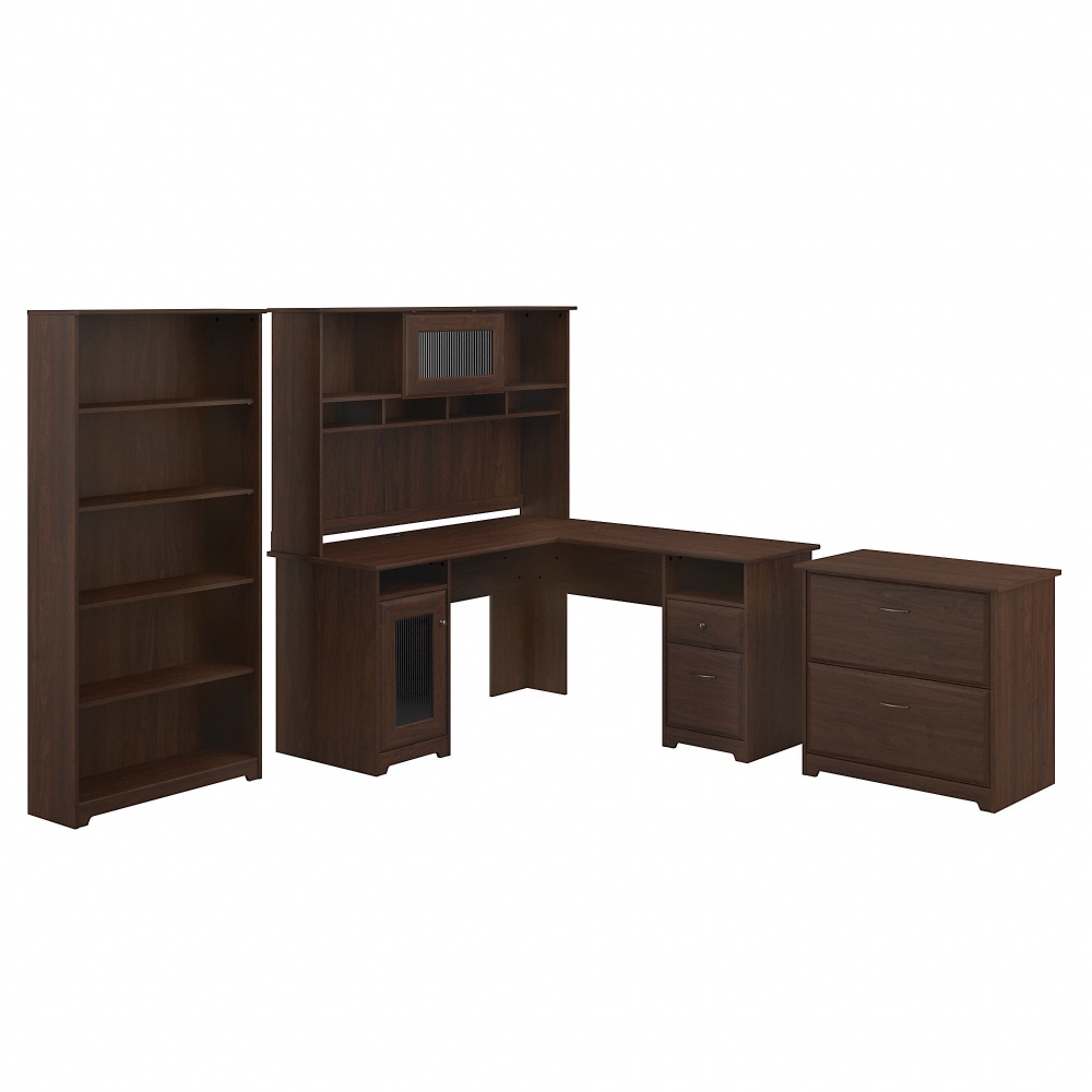 Bush Business Furniture Cabot 60inW L-Shaped Corner Desk With Hutch, Lateral File Cabinet And 5-Shelf Bookcase, Modern Walnut, Standard Delivery MPN:CAB010MW