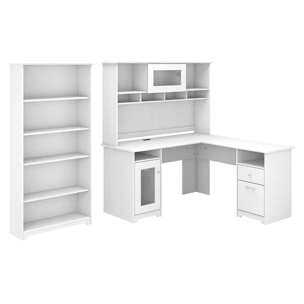 Bush Business Furniture Cabot 60inW L-Shaped Corner Desk With Hutch And 5-Shelf Bookcase, White, Standard Delivery MPN:CAB011WHN