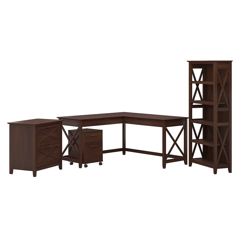 Bush Business Furniture Key West 60inW L-Shaped Corner Desk With File Cabinets And 5-Shelf Bookcase, Bing Cherry, Standard Delivery MPN:KWS017BC