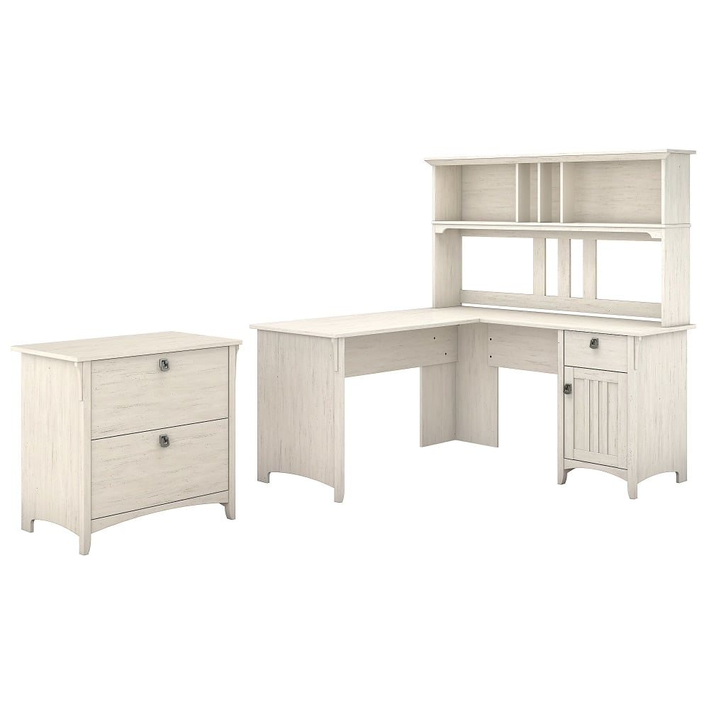 Bush Furniture Salinas 60inW L Shaped Desk with Hutch and Lateral File Cabinet, Antique White, Standard Delivery MPN:SAL005AW