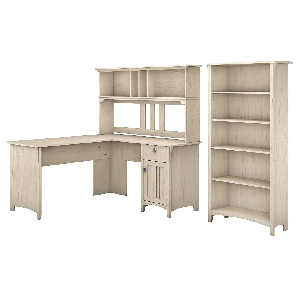 Bush Furniture Salinas 60inW L Shaped Desk with Hutch and 5 Shelf Bookcase, Antique White, Standard Delivery MPN:SAL006AW