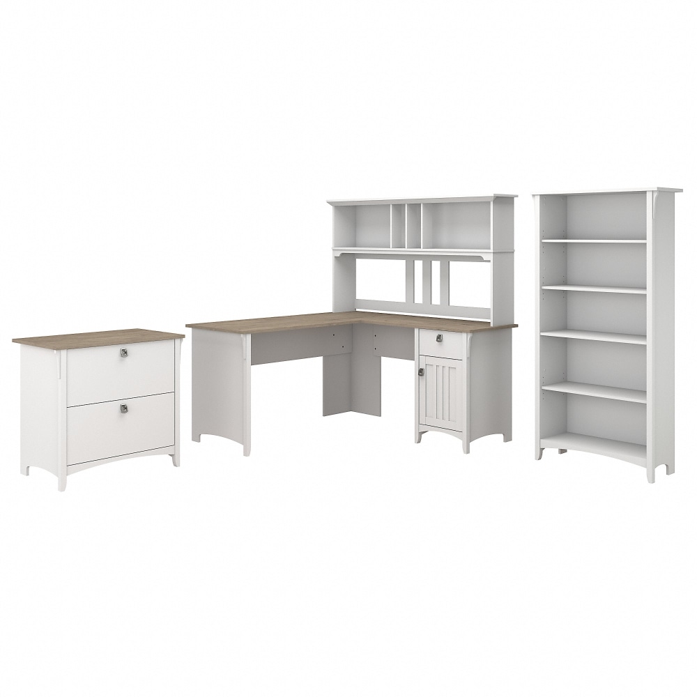 Bush Furniture Salinas 60inW L Shaped Desk with Hutch, Lateral File Cabinet and 5 Shelf Bookcase, Shiplap Gray/Pure White, Standard Delivery MPN:SAL007G2W