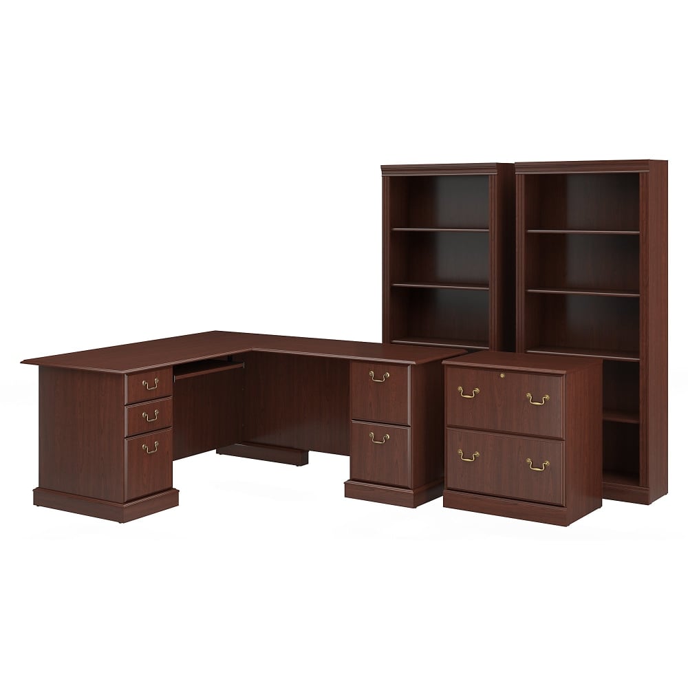 Bush Business Furniture Saratoga 66inW L-Shaped Corner Desk With Lateral File Cabinet And Two 5-Shelf Bookcases, Harvest Cherry, Standard Delivery MPN:SAR002CS