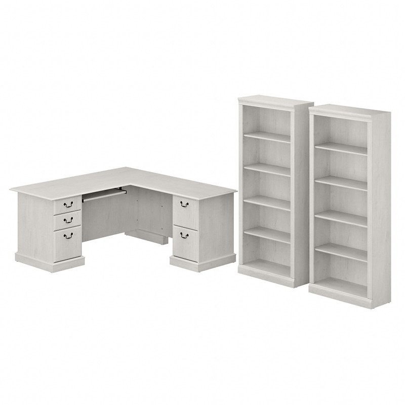 Bush Business Furniture Saratoga 66inW L-Shaped Corner Desk And Bookcase Set, Linen White Oak, Standard Delivery MPN:SAR005LW