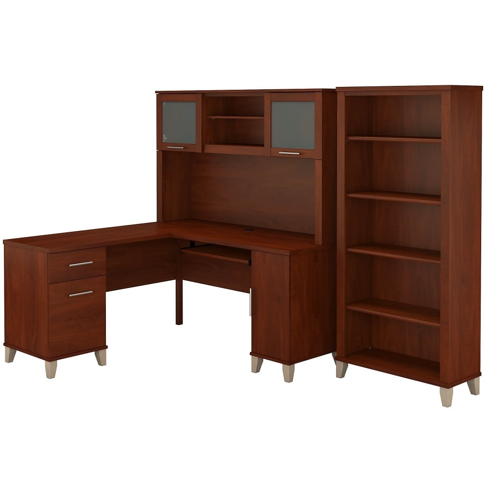 Bush Furniture Somerset L Shaped Desk With Hutch And 5 Shelf Bookcase, 60inW, Hansen Cherry, Standard Delivery MPN:SET010HC