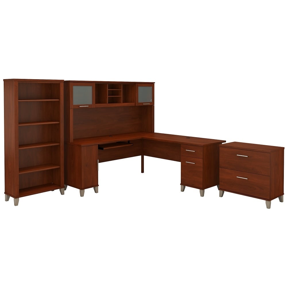 Bush Furniture Somerset 72inW L Shaped Desk With Hutch, Lateral File Cabinet And Bookcase, Hansen Cherry, Standard Delivery MPN:SET012HC