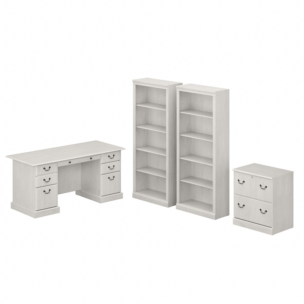 Bush Business Furniture Saratoga 66inW Executive Computer Desk With File Cabinet And 5-Shelf Bookcase Set, Linen White Oak, Standard Delivery MPN:SAR001LW