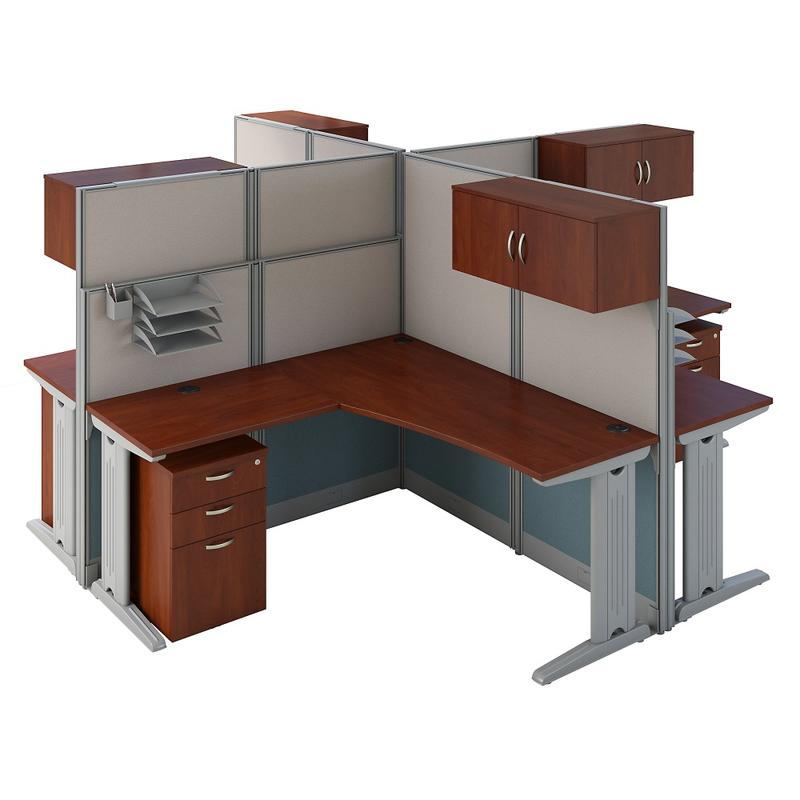 Bush Business Furniture Office in an Hour 4 Person L Shaped Cubicle Workstations, Hansen Cherry, Standard Delivery MPN:OIAH007HC