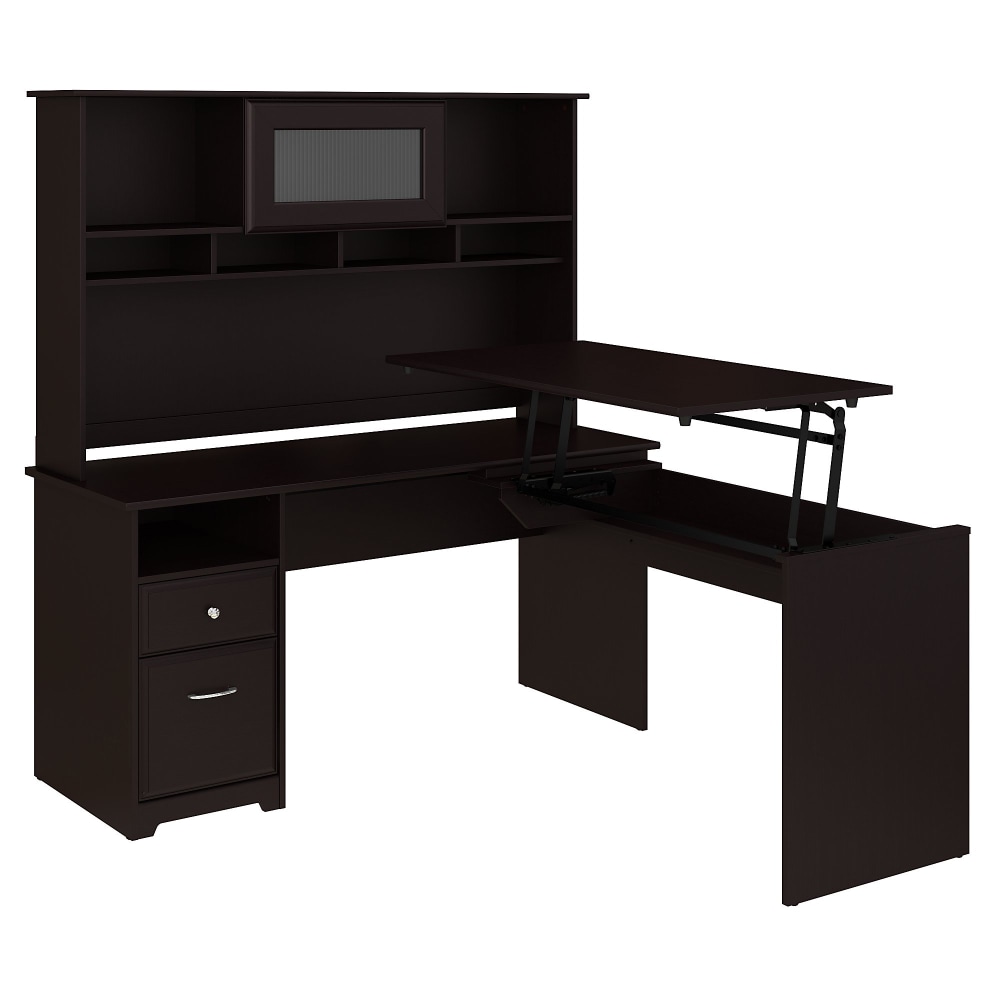 Bush Furniture Cabot 3 Position L Shaped Sit to Stand Desk with Hutch, 60inW, Espresso Oak, Standard Delivery MPN:CAB045EPO