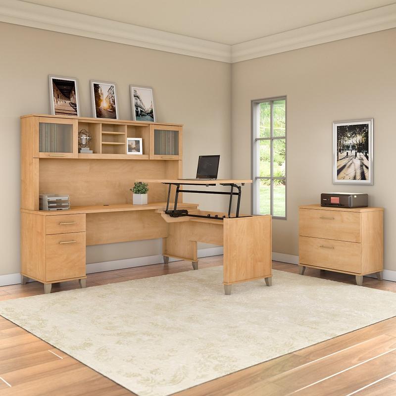 Bush Furniture Somerset 72inW 3 Position Sit to Stand L Shaped Desk With Hutch And File Cabinet, Maple Cross, Standard Delivery MPN:SET016MC