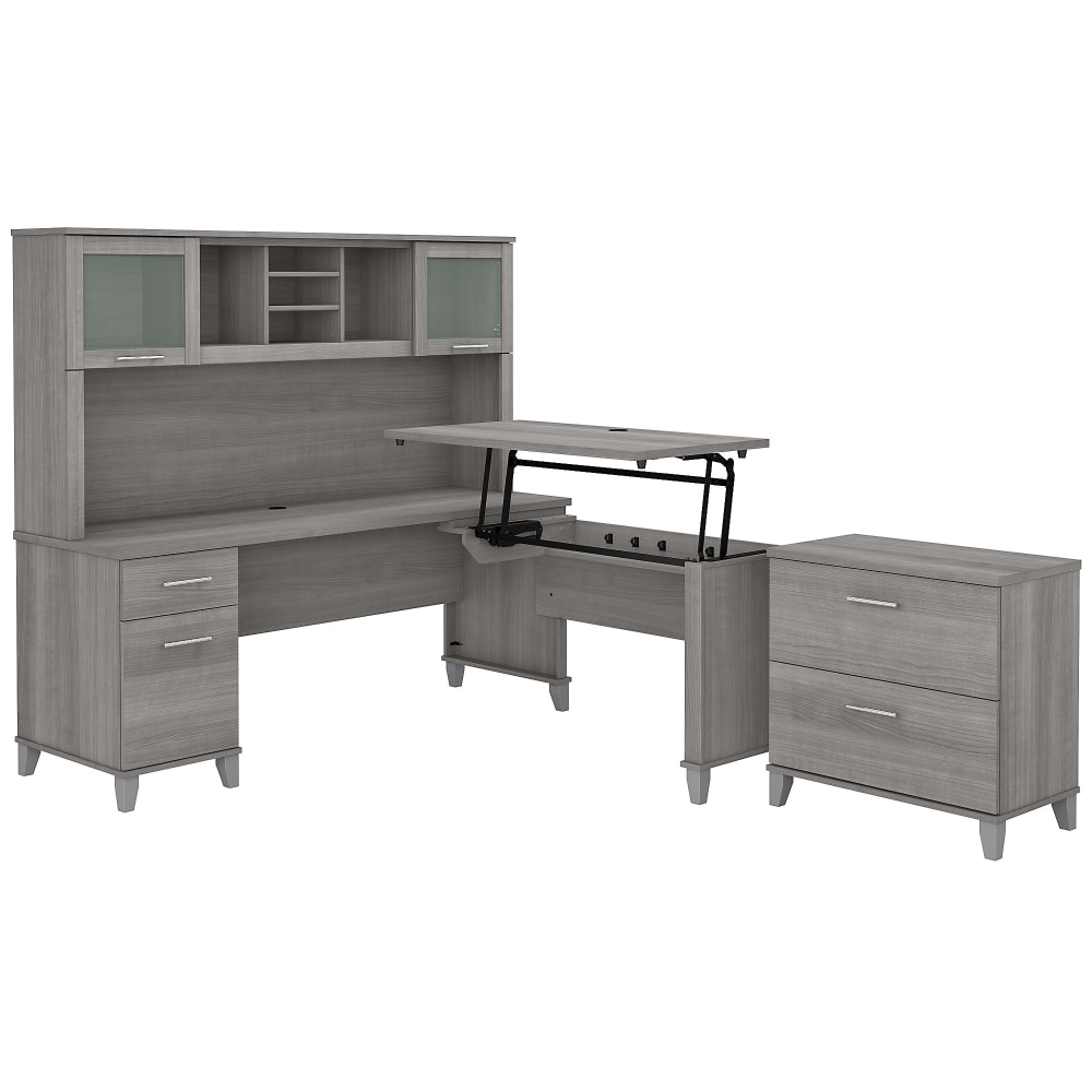 Bush Furniture Somerset 72inW 3-Position Sit-To-Stand L-Shaped Desk With Hutch And File Cabinet, Platinum Gray, Standard Delivery MPN:SET016PG