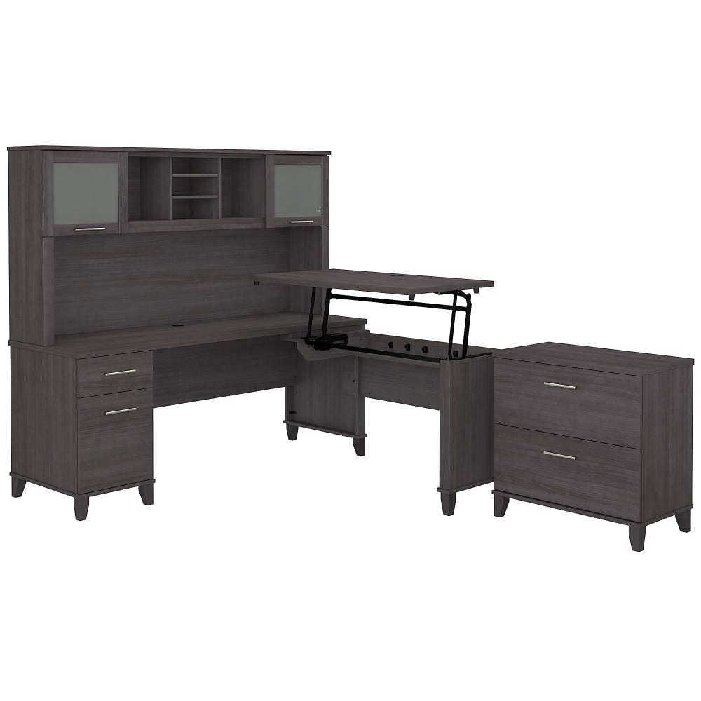 Bush Furniture Somerset 72inW 3-Position Sit-To-Stand L-Shaped Desk With Hutch And File Cabinet, Storm Gray, Standard Delivery MPN:SET016SG