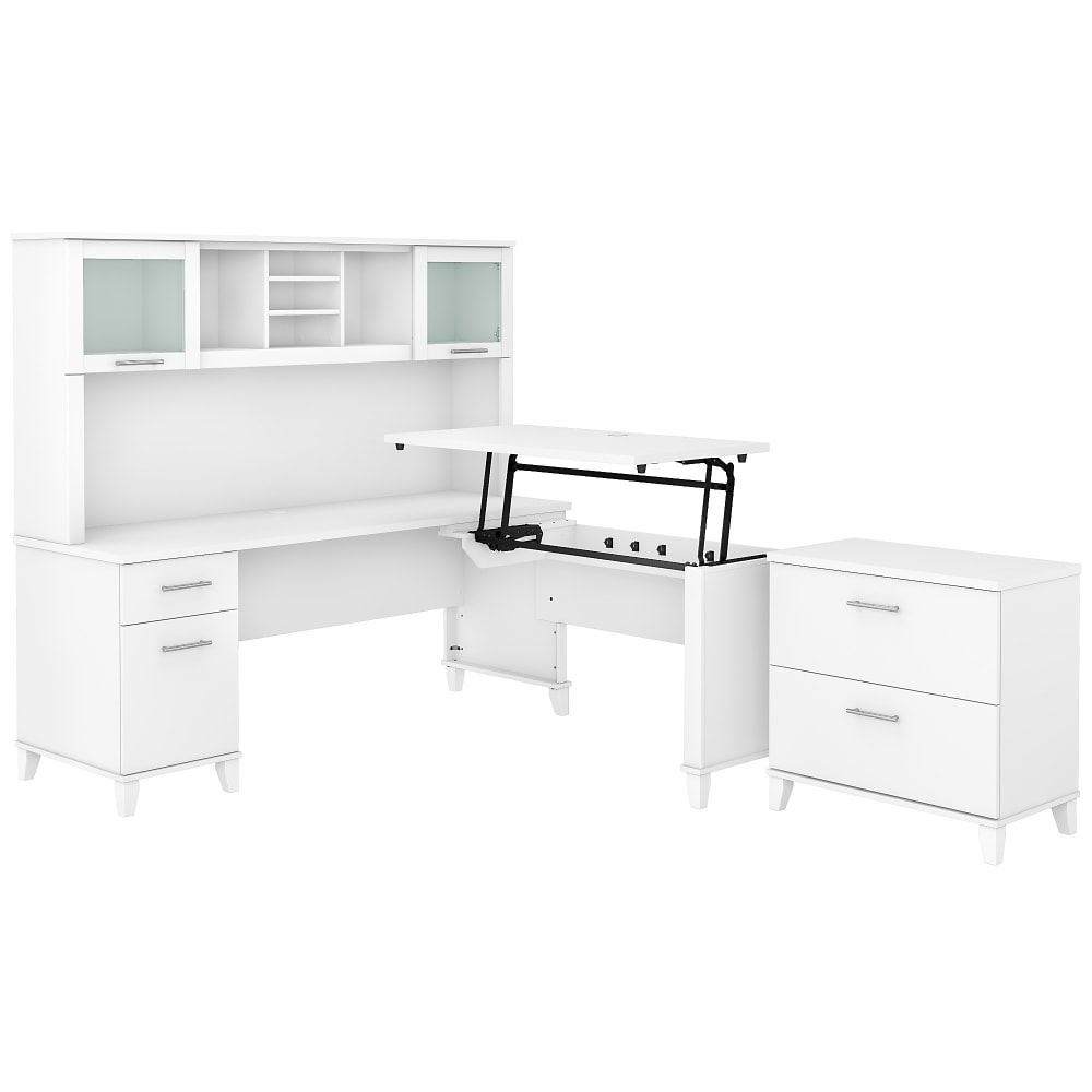 Bush Furniture Somerset 72inW 3-Position Sit-To-Stand L-Shaped Desk With Hutch And File Cabinet, White, Standard Delivery MPN:SET016WH