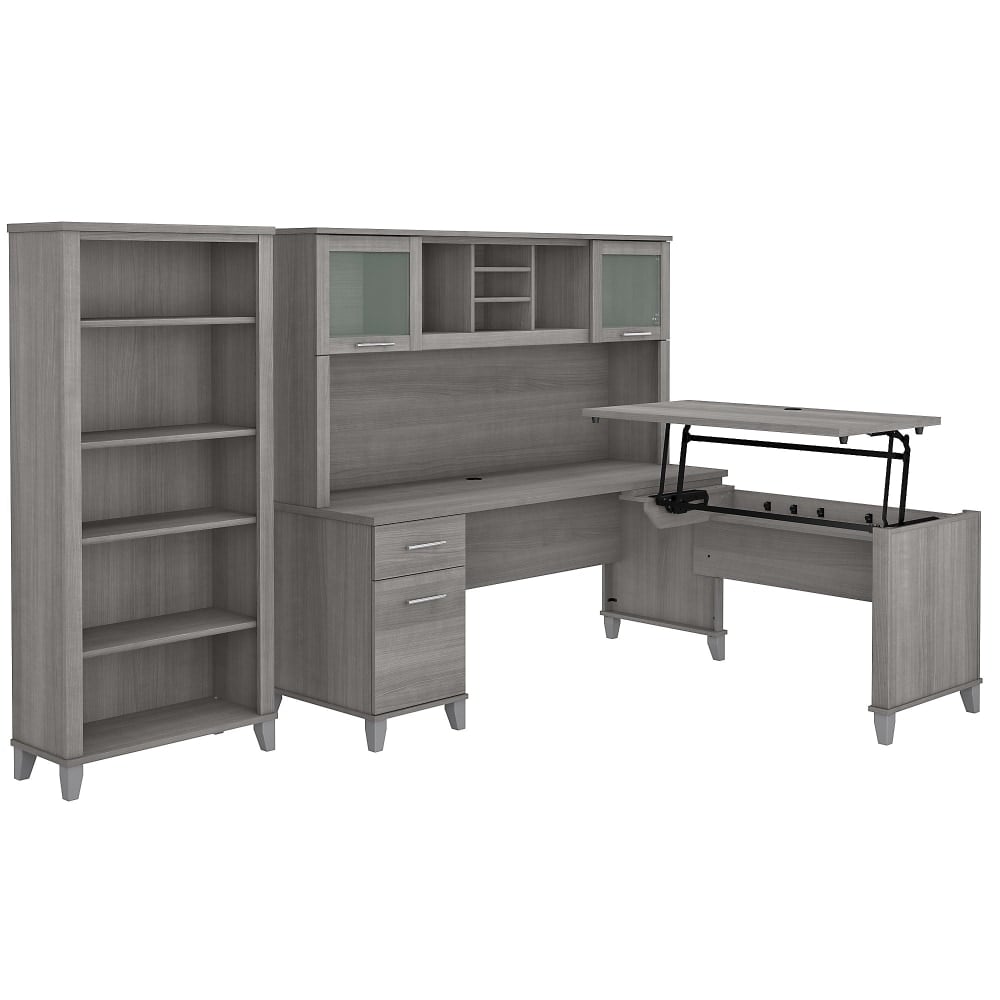Bush Furniture Somerset 72inW 3-Position Sit-To-Stand L-Shaped Desk With Hutch And Bookcase, Platinum Gray, Standard Delivery MPN:SET017PG