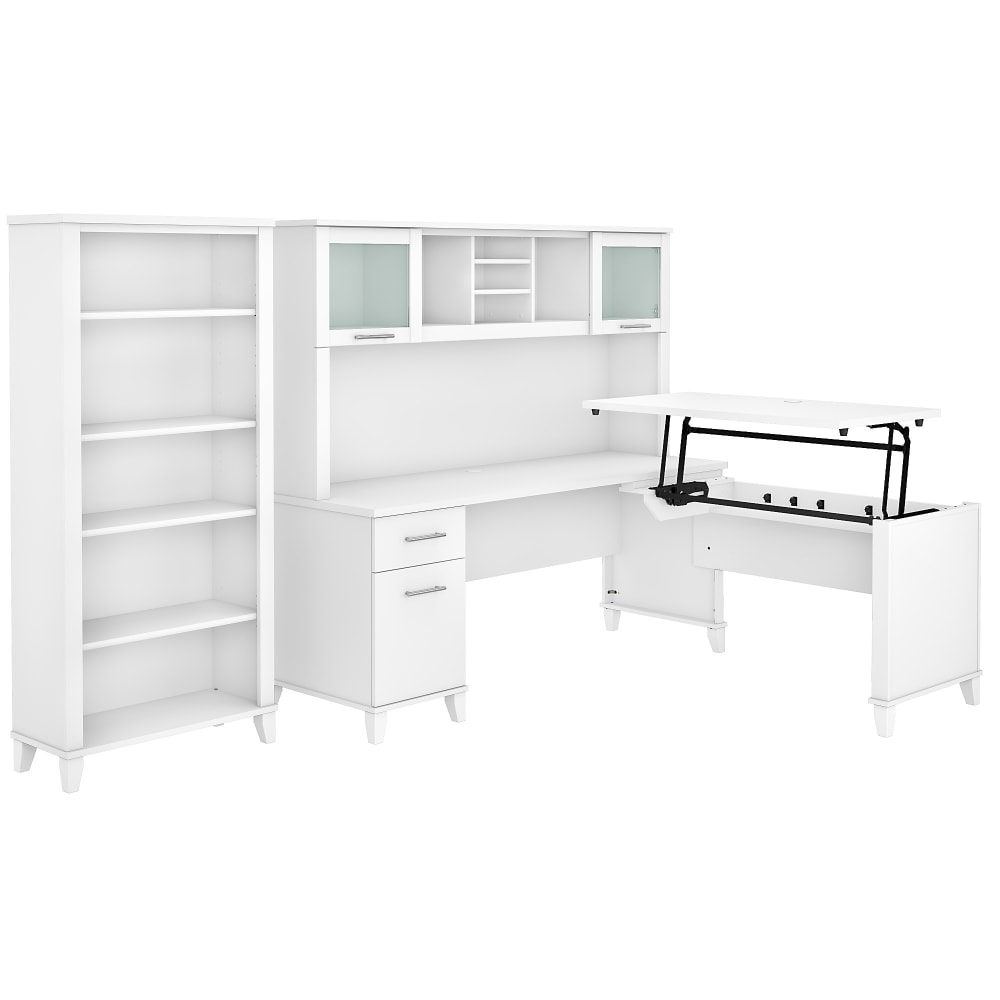Bush Furniture Somerset 72inW 3-Position Sit-To-Stand L-Shaped Desk With Hutch And Bookcase, White, Standard Delivery MPN:SET017WH