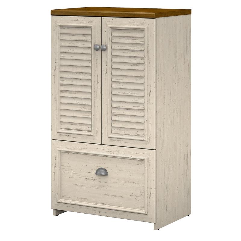 Bush Furniture Fairview Storage Cabinet With Drawer, Antique White/Tea Maple, Standard Delivery MPN:WC53280-03