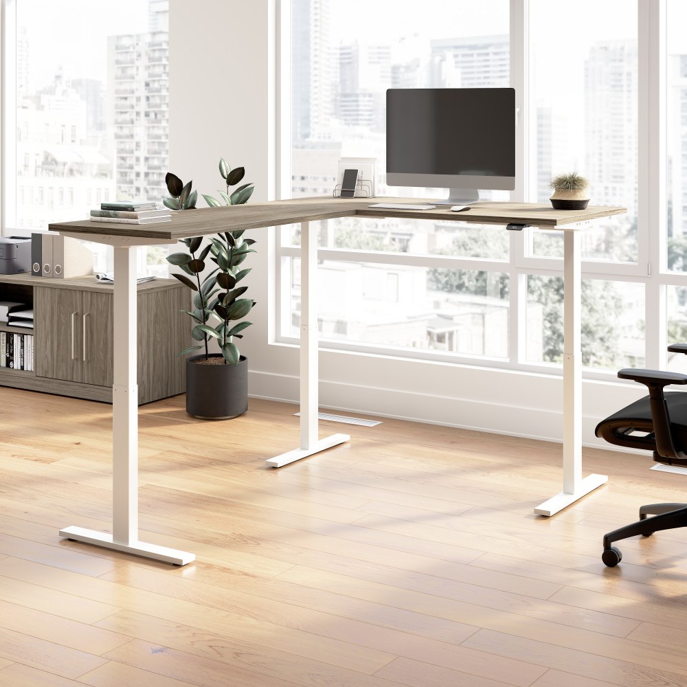 Bush Business Furniture Move 60 Series 60inW Height Adjustable L Shaped Standing Desk, Modern Hickory/White Powder Coat, Standard Delivery MPN:M6SL6078MHWK
