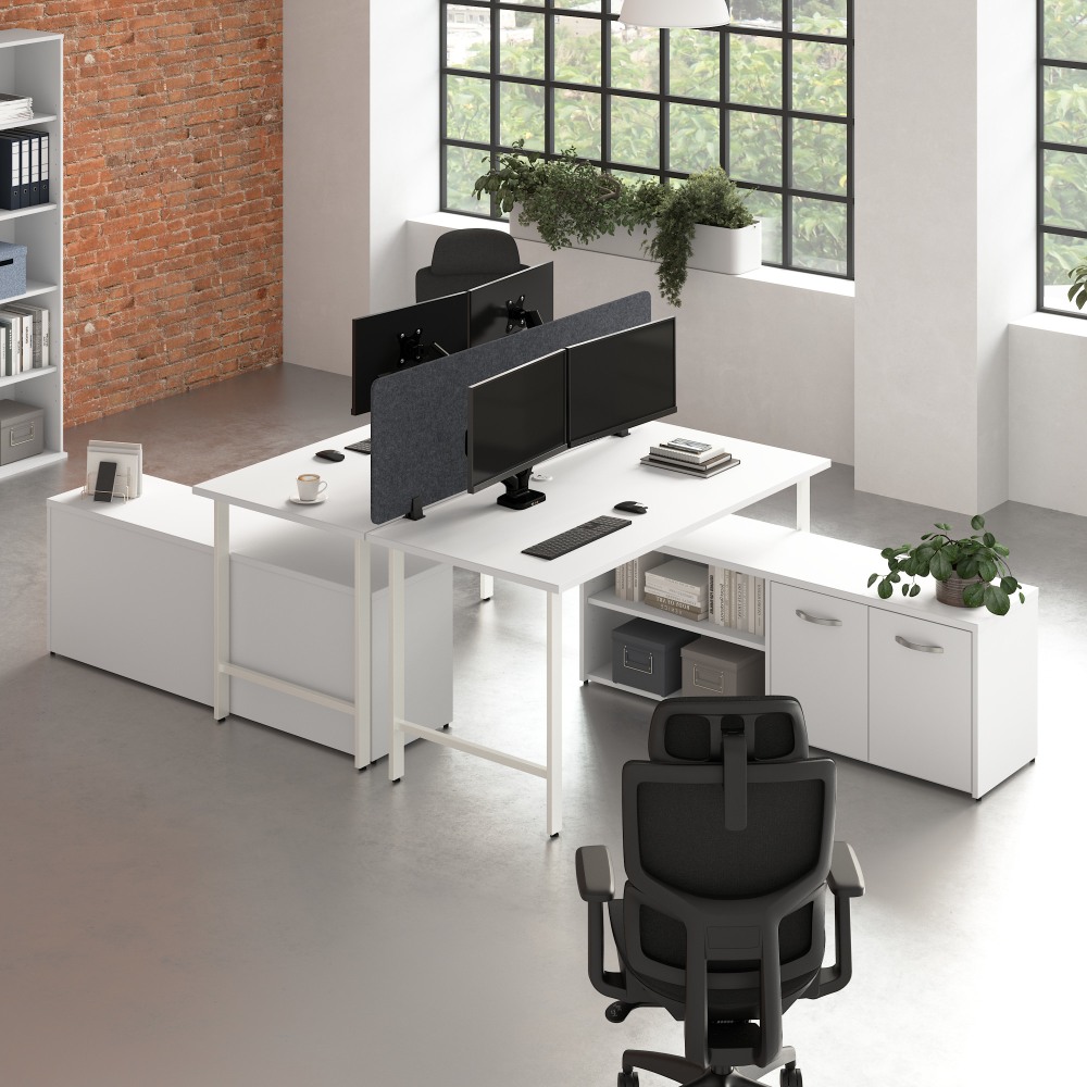 Bush Business Furniture Hustle 2 Person Computer Desk with Low Storage Cabinets, Power Grommets, and Privacy Screen, White, Standard Delivery Service MPN:HUS015WH