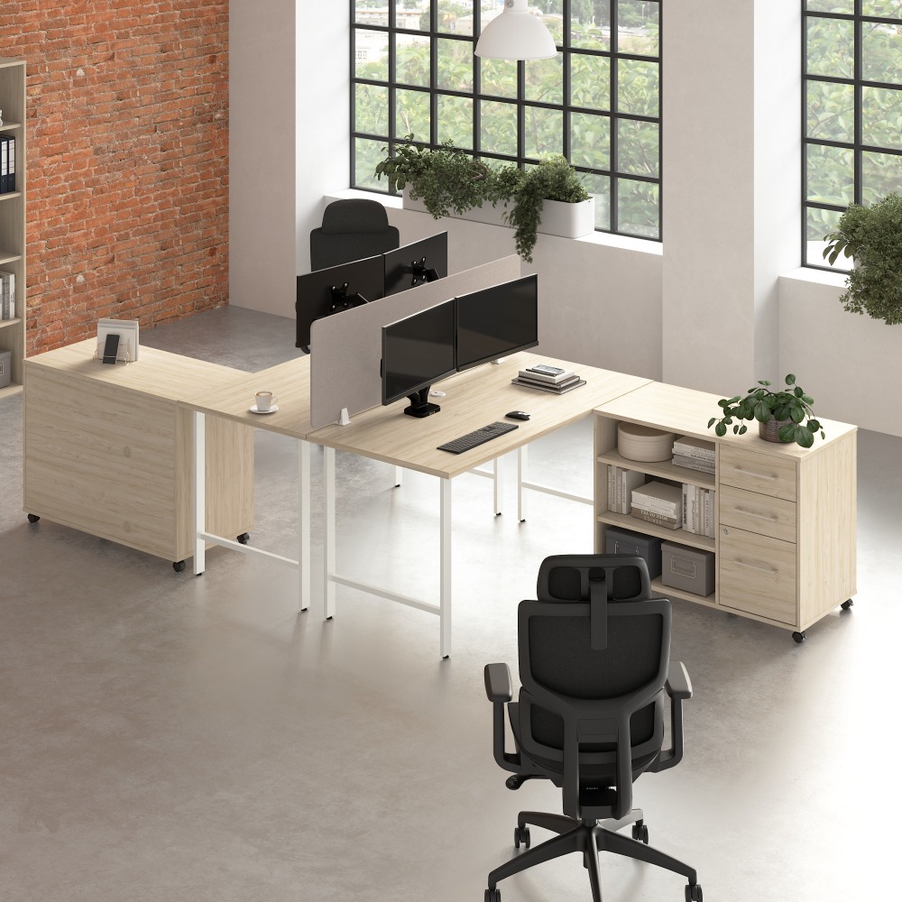 Bush Business Furniture Hustle 2 Person Computer Desk with Mobile Storage Cabinets, Power Grommets, and Privacy Screen, Natural Elm, - HUS016NE MPN:HUS016NE