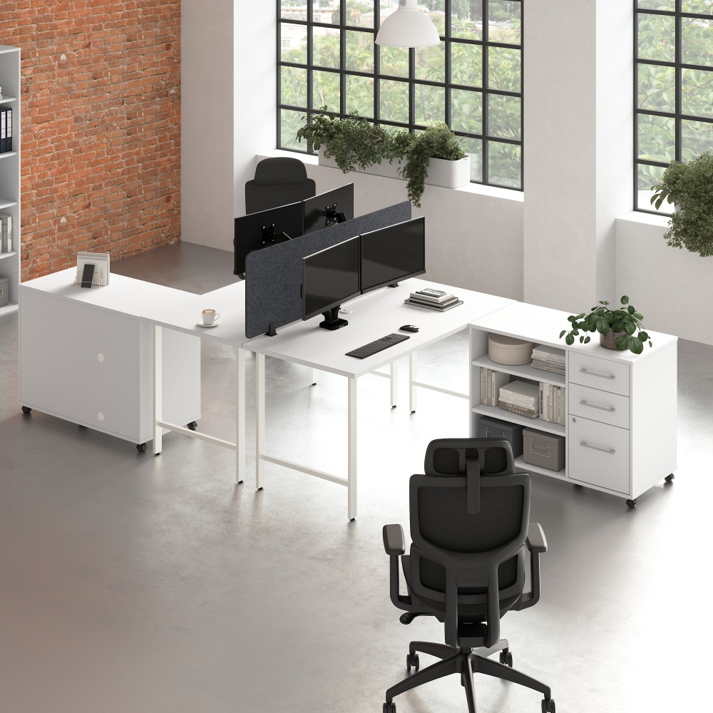Bush Business Furniture Hustle 2 Person Computer Desk with Mobile Storage Cabinets, Power Grommets, and Privacy Screen, White, - HUS016WH MPN:HUS016WH