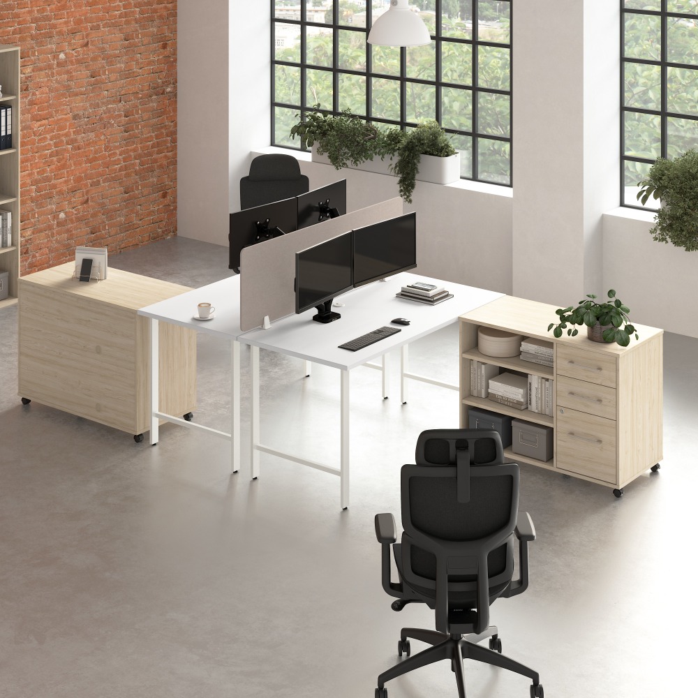 Bush Business Furniture Hustle 2 Person Computer Desk with Mobile Storage Cabinets, Power Grommets, and Privacy Screen, White and Natural Elm, MPN:HUS016WHNE