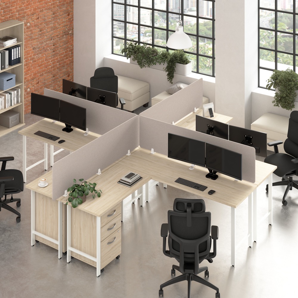 Bush Business Furniture Hustle 4 Person L Shaped Desk with Mobile File Cabinets, Power Grommets, and Privacy Screens, Natural Elm, - HUS017NESU MPN:HUS017NESU