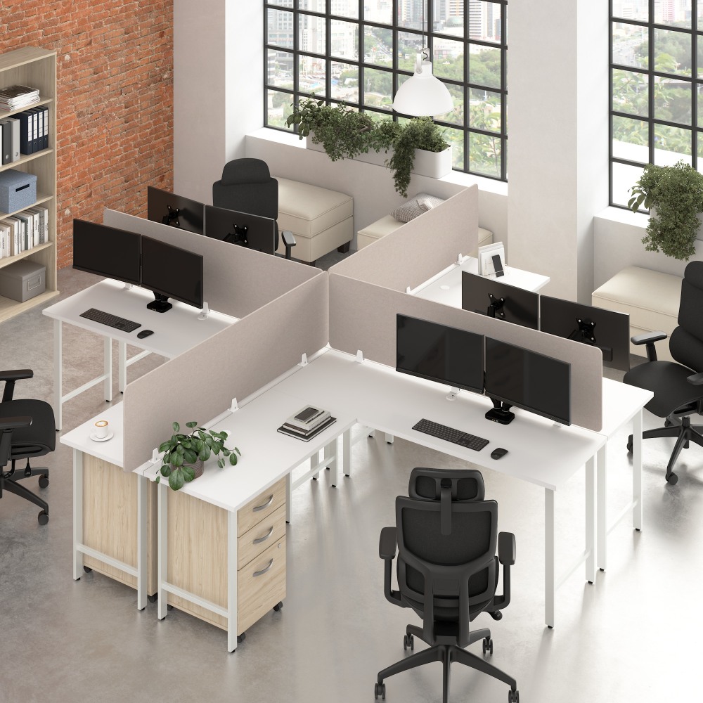 Bush Business Furniture Hustle 4 Person L Shaped Desk with Mobile File Cabinets, Power Grommets, and Privacy Screens, White and Natural Elm, MPN:HUS017WHNESU