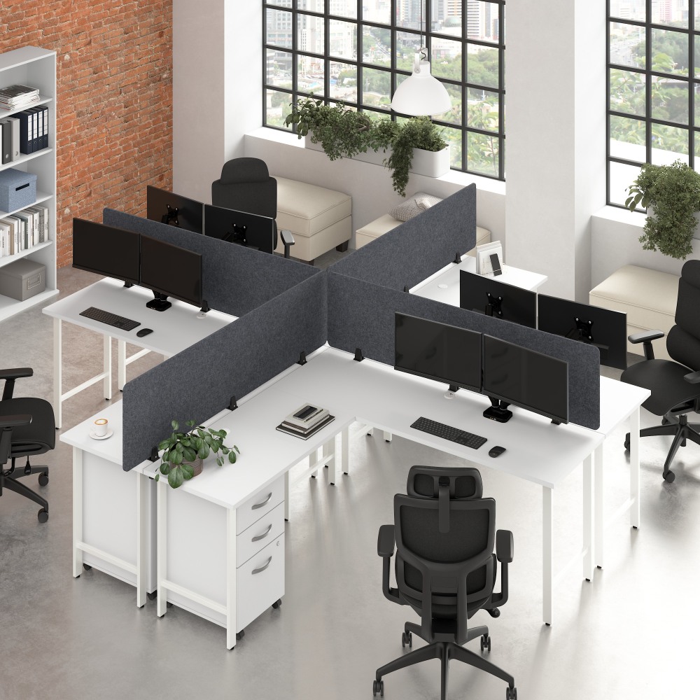 Bush Business Furniture Hustle 4 Person L Shaped Desk with Mobile File Cabinets, Power Grommets, and Privacy Screens, White, Standard Delivery Service MPN:HUS017WHSU