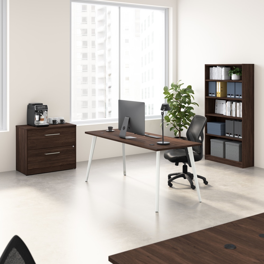 Bush Business Furniture Vista 72inW Desk with Splayed Metal Legs, Lateral File Cabinet, and Bookcase, Black Walnut, Standard Delivery MPN:VST011BWSU