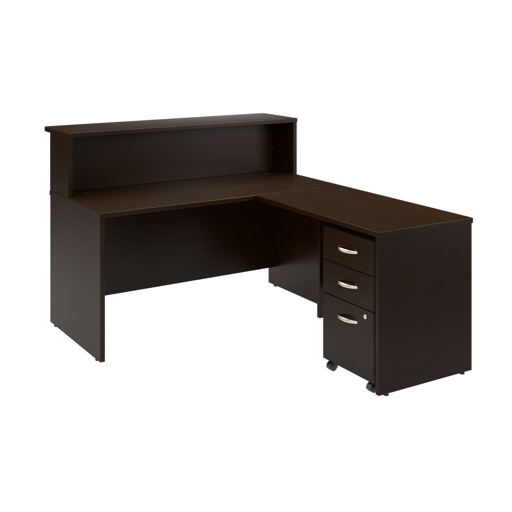 Bush Business Furniture Arrive 60inW L Shaped Reception Desk with Shelf and Mobile File Cabinet, Mocha Cherry, Standard Delivery MPN:ARV004MR