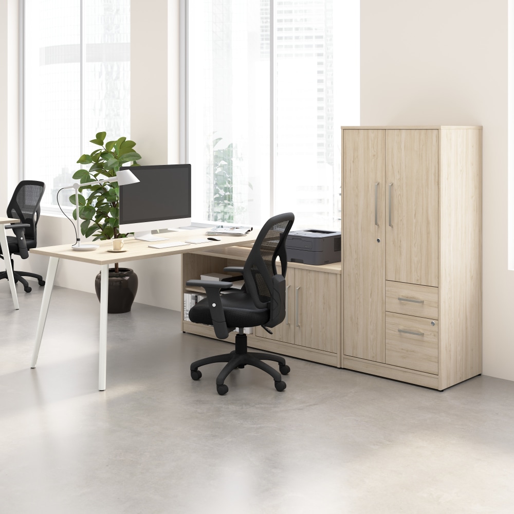 Bush Business Furniture Vista 72inW Corner Desk with Metal Legs, Low Storage Cabinet, and Wardrobe, Natural Elm, Standard Delivery MPN:VST009NE