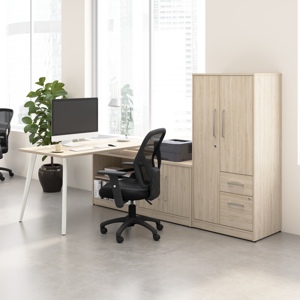 Bush Business Furniture Vista 60inW Corner Desk with Metal Legs, Low Storage Cabinet, and Wardrobe, Natural Elm, Standard Delivery MPN:VST010NE