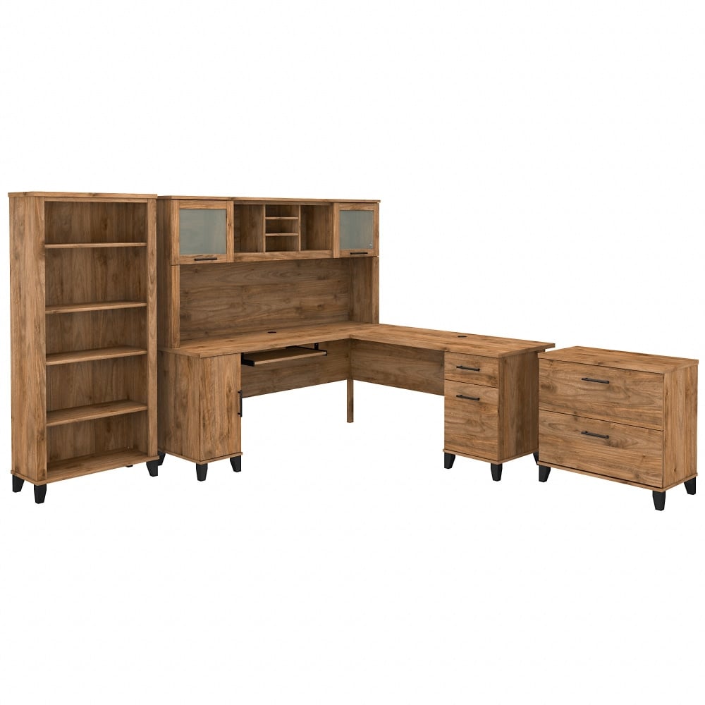 Bush Furniture Somerset 72inW L-Shaped Desk With Hutch, Lateral File Cabinet And Bookcase, Fresh Walnut, Standard Delivery MPN:SET012FW