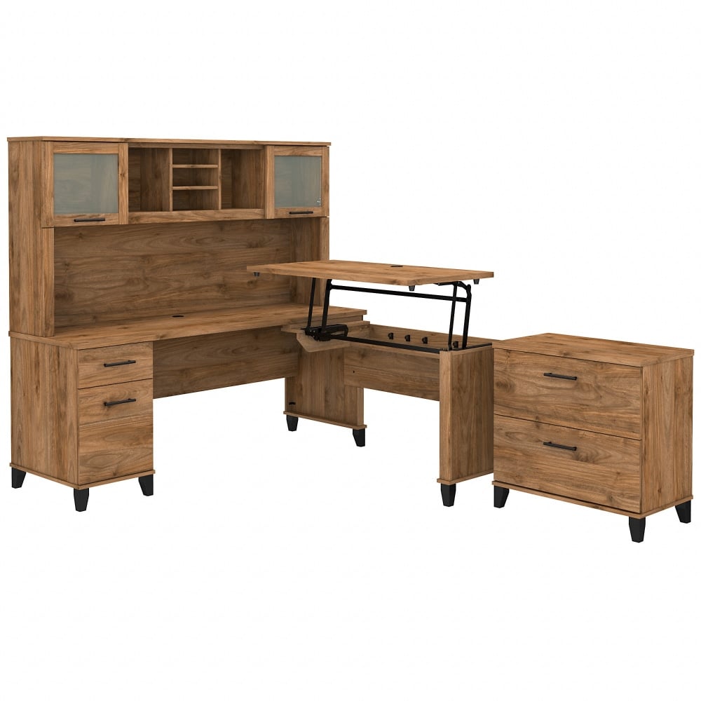 Bush Furniture Somerset 72inW 3-Position Sit-to-Stand L-Shaped Desk With Hutch And File Cabinet, Fresh Walnut, Standard Delivery MPN:SET016FW
