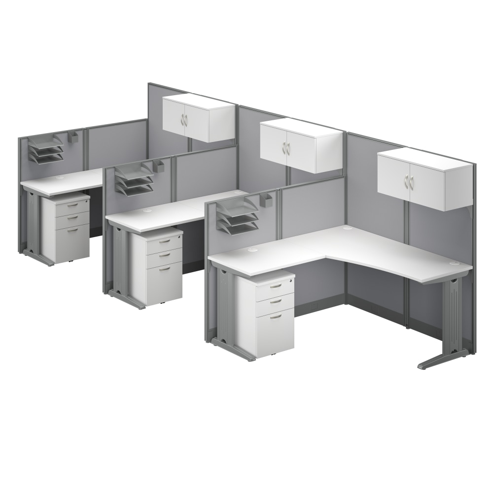 Bush Business Furniture Office in an Hour 194inW 3-Person L-Shaped Cubicle Desks With Storage, Drawers And Organizers, Pure White, Standard Delivery MPN:OIAH006WH
