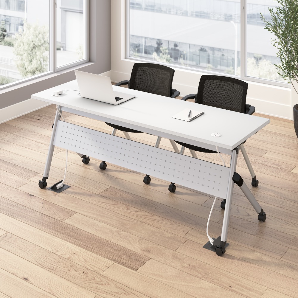 Bush Business Furniture Envision 72inW Training Table with Powered Grommets and 2 Chairs with Arms, White/Cool Gray Metallic, Standard Delivery MPN:NVS006WH