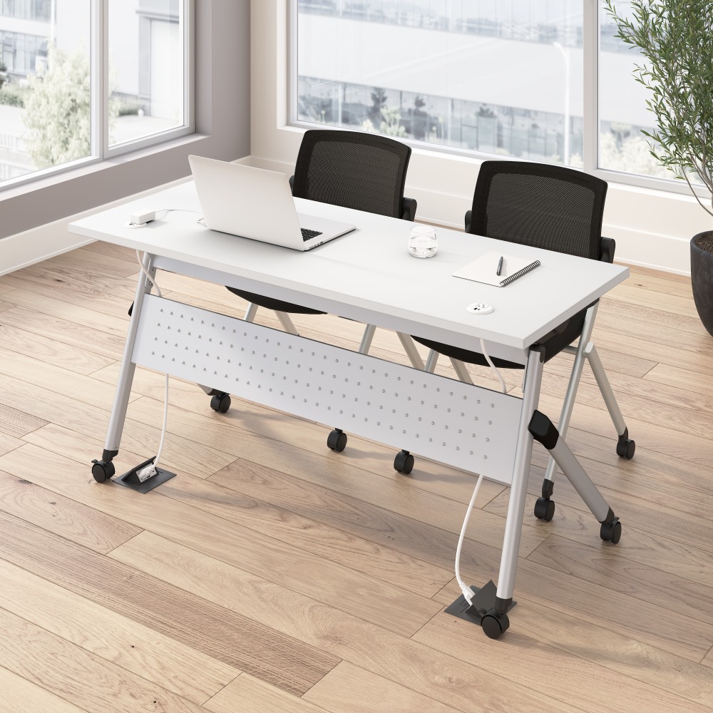 Bush Business Furniture Envision 60inW Folding Training Table with Powered Grommets and 2 Chairs, White/Cool Gray Metallic, Standard Delivery MPN:NVS007WH