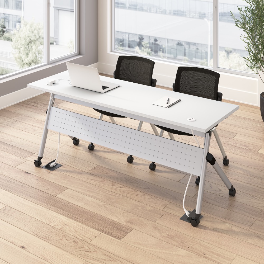 Bush Business Furniture Envision 72inW Folding Training Table with Powered Grommets and 2 Chairs, White/Cool Gray Metallic, Standard Delivery MPN:NVS008WH