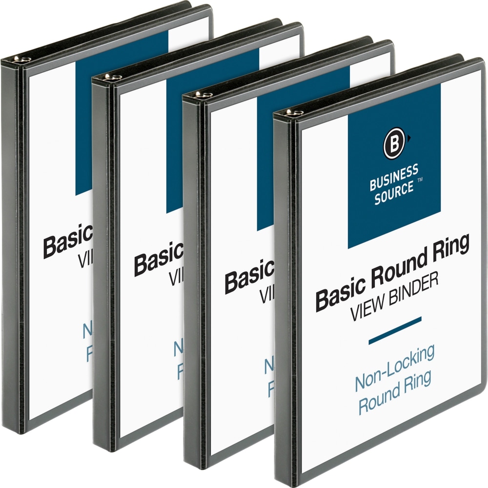 Business Source RounD-Ring View Binder, 1/2in Ring, 8 1/2in x 11in, Black, Pack Of 4 MPN:09950BD