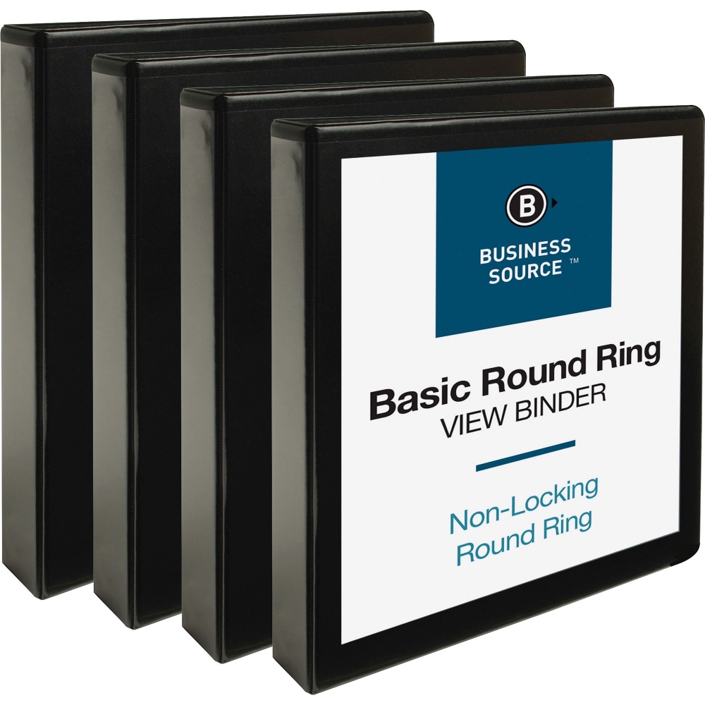 Business Source Round Ring View Binder, 1 1/2in Ring, 8 1/2in x 11in, Black, Pack Of 4 MPN:09954BD